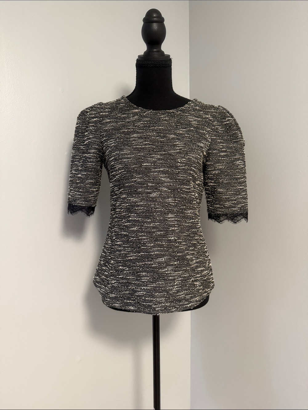 Ann Taylor Black and White Tweed Short-Sleeve Top with Lace Cuffs